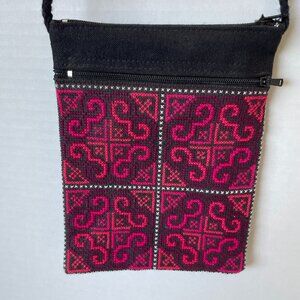 Cross Body Purse Embroidered Geometric Design, Pink Black, Zip top & Pocket 2001